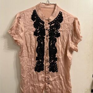 Pink Blouse with Black Lace Detail Silk